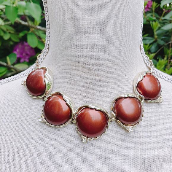 Vintage Mid Century Gold Tone Necklace Brown Cabochons Prong Set Rhinestones - Picture 2 of 16